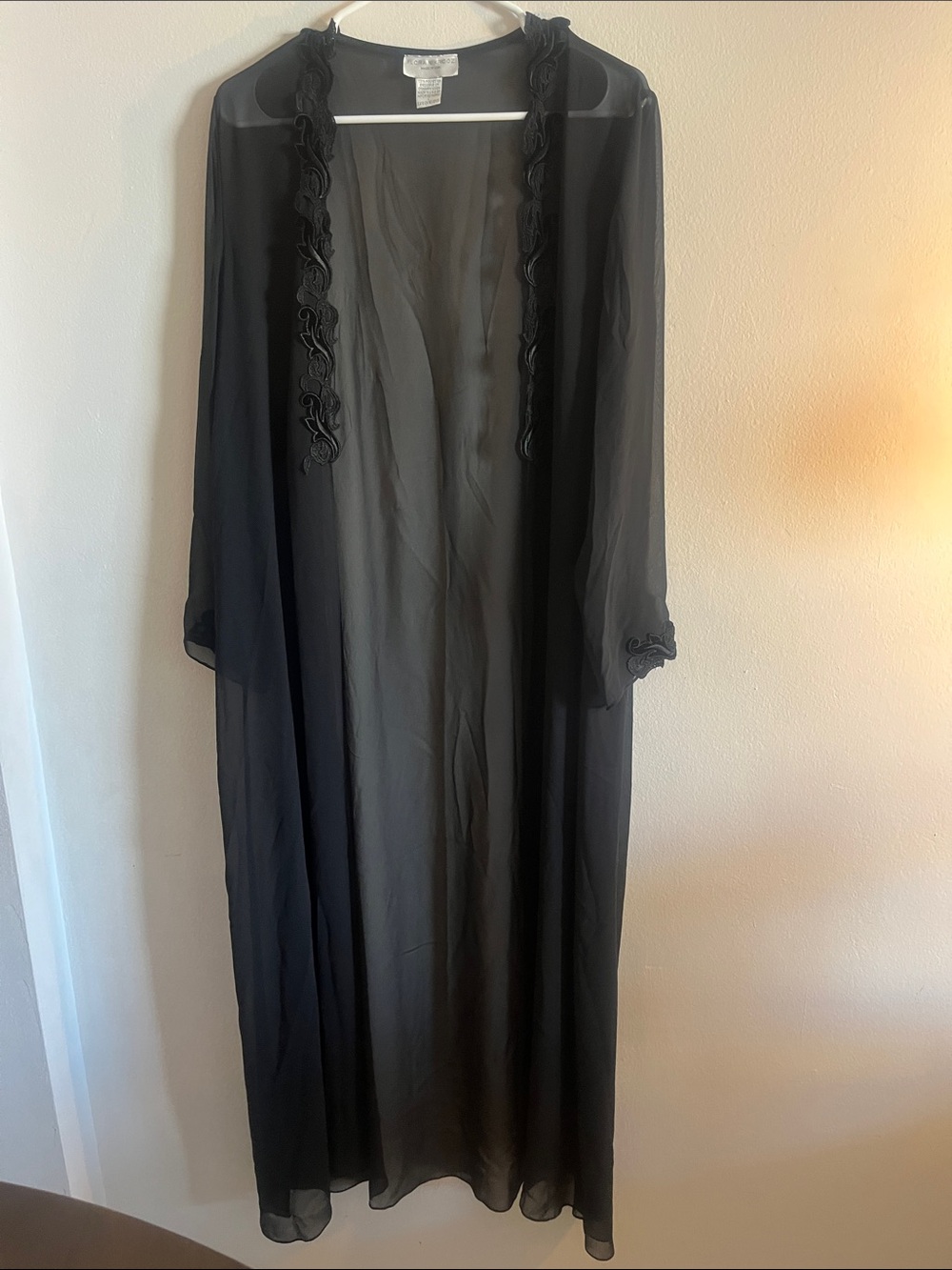 Flora Nikrooz Black Sheer Long Robe with Embroidered Trim